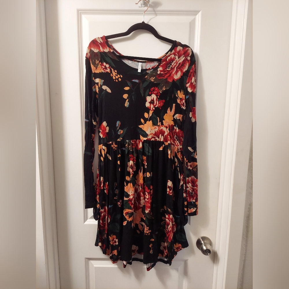 Floral Long Sleeve Dress - Black and Red And Orange XL - Picture 2 of 7